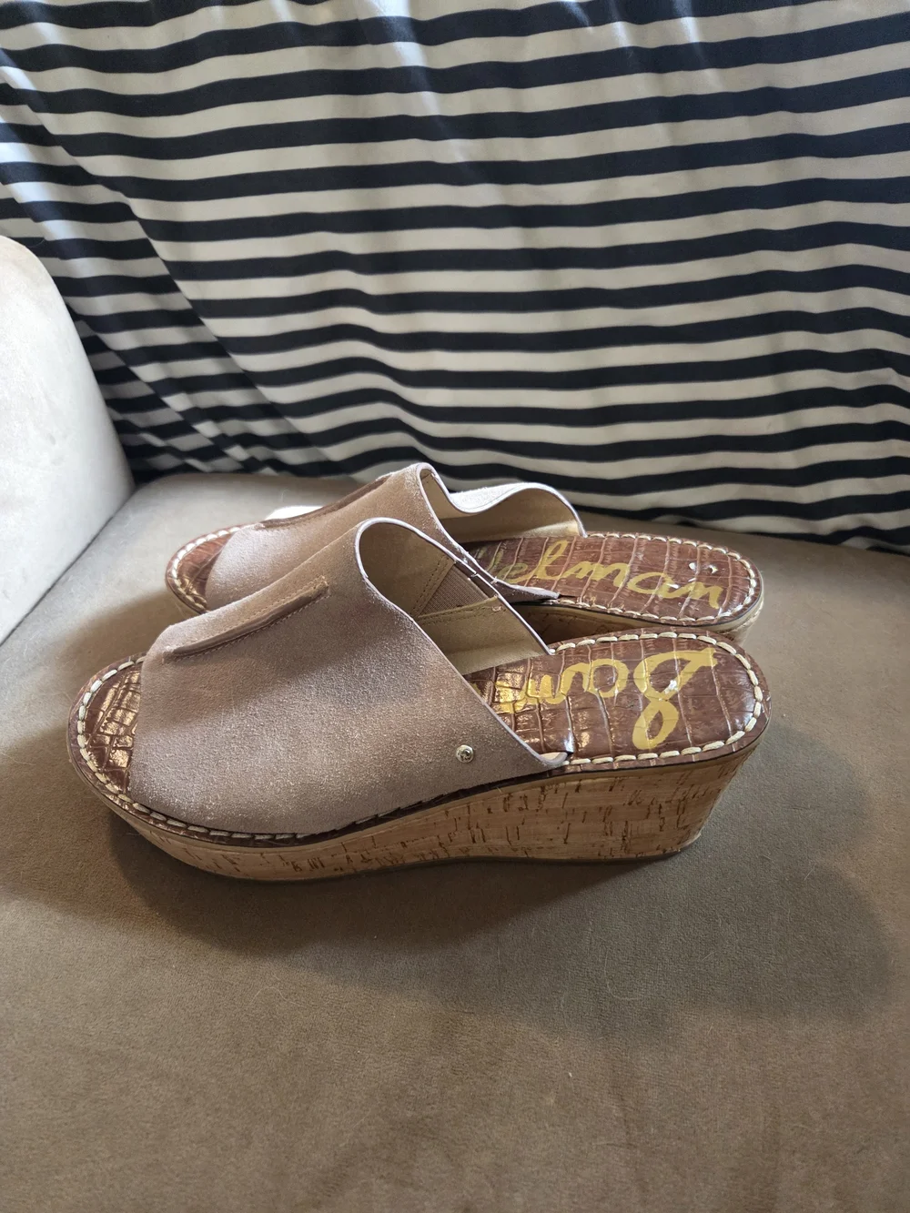 Sam Edelman Taupe Suede Cork Wedge Slide Sandals